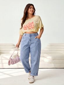 SHEIN CURVE+ Plus Size Women's Casual Zipper Pocket Design Denim Jeans Winter Halloween Christmas Party - Blue - View 7