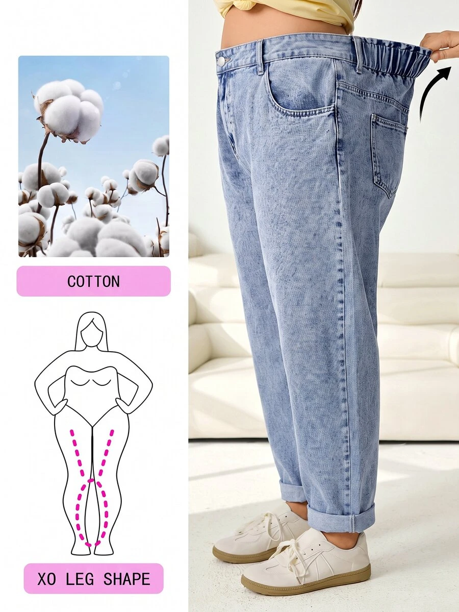 SHEIN CURVE+ Plus Size Women's Casual Zipper Pocket Design Denim Jeans Winter Halloween Christmas Party - Blue - View 1