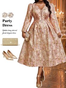 Fleurora Plus Size Elegant Party Jacquard Dress Fall - Dusty Pink - View 5