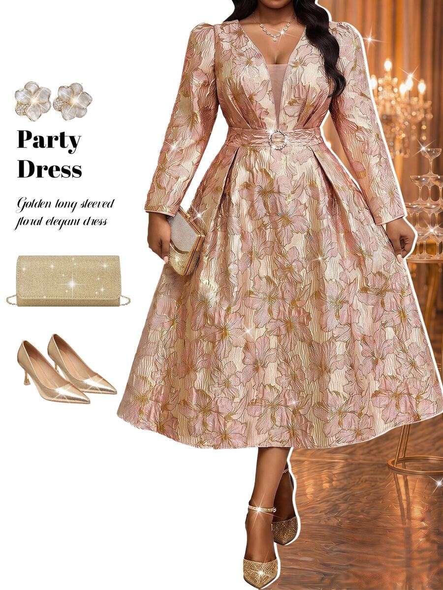 Fleurora Plus Size Elegant Party Jacquard Dress Fall - Dusty Pink - View 1