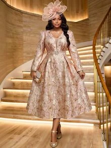 Fleurora Plus Size Elegant Party Jacquard Dress Fall - Dusty Pink - View 1