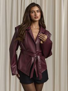 Aloruh Women's Fall/ Wide Shoulder PU Blazer Jacket,Cozy,Smart Casual Elegant,Office Going Out Burgundy - Burgundy - View 5