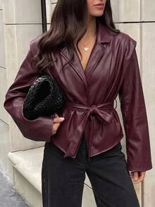 Aloruh Women's Fall/ Wide Shoulder PU Blazer Jacket,Cozy,Smart Casual Elegant,Office Going Out Burgundy - Burgundy - View 2