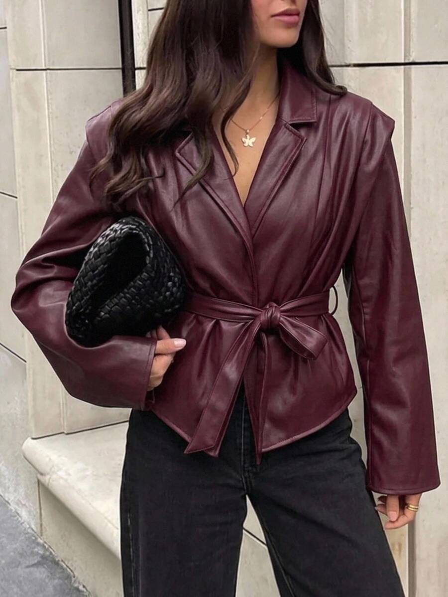 Aloruh Women's Fall/ Wide Shoulder PU Blazer Jacket,Cozy,Smart Casual Elegant,Office Going Out Burgundy