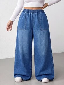 SHEIN CURVE+ 大尺碼女款水洗彈性腰鬆垮休閒牛仔長褲 - 藍色 - 查看 2