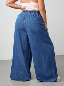 SHEIN CURVE+ 大尺碼女款水洗彈性腰鬆垮休閒牛仔長褲 - 藍色 - 查看 7