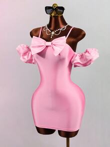 Mistrie Women's Bow Decor Off-Shoulder Spaghetti Strap Fitted Mini Dress - Pink - View 8