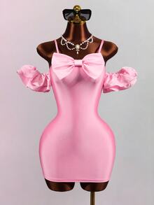 Mistrie Women's Bow Decor Off-Shoulder Spaghetti Strap Fitted Mini Dress - Pink - View 9