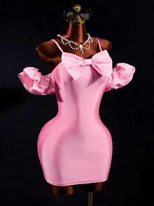 Mistrie Women's Bow Decor Off-Shoulder Spaghetti Strap Fitted Mini Dress - Pink - View 3