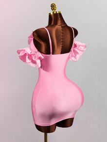 Mistrie Women's Bow Decor Off-Shoulder Spaghetti Strap Fitted Mini Dress - Pink - View 4