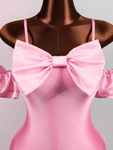 Mistrie Women's Bow Decor Off-Shoulder Spaghetti Strap Fitted Mini Dress - Pink - View 10
