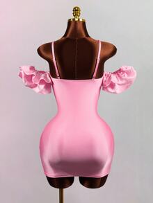 Mistrie Women's Bow Decor Off-Shoulder Spaghetti Strap Fitted Mini Dress - Pink - View 6