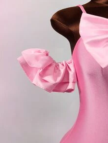 Mistrie Women's Bow Decor Off-Shoulder Spaghetti Strap Fitted Mini Dress - Pink - View 5