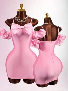 Mistrie Women's Bow Decor Off-Shoulder Spaghetti Strap Fitted Mini Dress - Pink - View 2