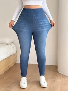 SHEIN CURVE+ 大尺碼女款高腰緊身牛仔褲，鈕扣下擺設計 - 藍色 - 查看 4
