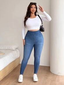SHEIN CURVE+ 大尺碼女款高腰緊身牛仔褲，鈕扣下擺設計 - 藍色 - 查看 5