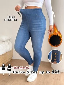 SHEIN CURVE+ 大尺碼女款高腰緊身牛仔褲，鈕扣下擺設計 - 藍色 - 查看 9