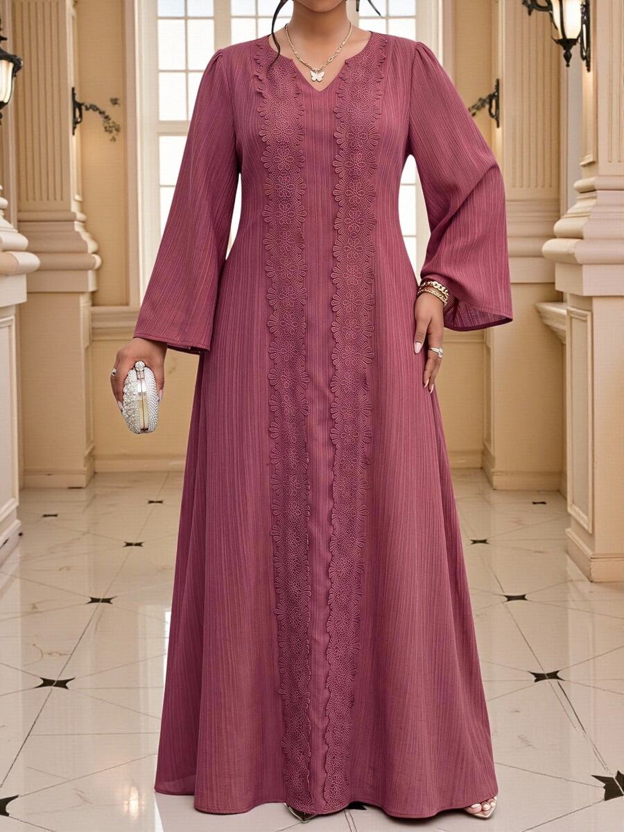 Fleurora Gaun Pesta Elegan Ukuran Besar dengan Dekorasi Renda untuk Musim Gugur - Merah - View 1