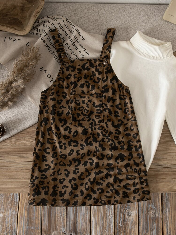SHEIN Kids Young Girl Woven Leopard Print Loose Casual Pinafore Dress - Khaki - View 5
