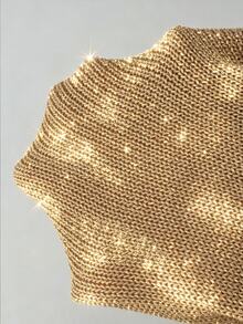 Linhara CURVE 女款秋冬亮片閃光針織毛衣，米金色V領寬鬆落肩長袖套頭上衣 - 金色 - 查看 6