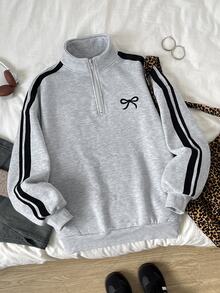 SHEIN 青少年女孩灰色蝴蝶印花抓絨內裡四分之一拉鍊 Polo 長袖運動衫，秋季上衣，連帽衫，冬季，運動風，條紋 - 淺灰色 - 查看 3