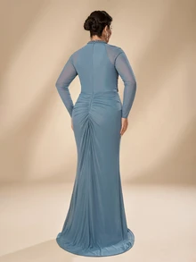 Serin Plus Size Elegant Romantic Glamorous Blue Elastic Mesh Round Neck Ruched Computer Beaded Fitted Mermaid Hem Evening Gown Suitable For Evening Party Ball Vacation Wedding Event Heavy Work Evening Dress Bridal Mother Dress - Blue - View 3