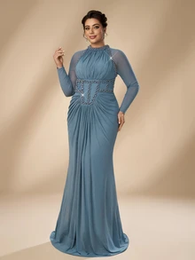 Serin Plus Size Elegant Romantic Glamorous Blue Elastic Mesh Round Neck Ruched Computer Beaded Fitted Mermaid Hem Evening Gown Suitable For Evening Party Ball Vacation Wedding Event Heavy Work Evening Dress Bridal Mother Dress - Blue - View 5