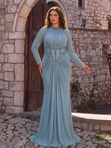 Serin Plus Size Elegant Romantic Glamorous Blue Elastic Mesh Round Neck Ruched Computer Beaded Fitted Mermaid Hem Evening Gown Suitable For Evening Party Ball Vacation Wedding Event Heavy Work Evening Dress Bridal Mother Dress - Blue - View 8