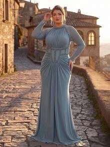 Serin Plus Size Elegant Romantic Glamorous Blue Elastic Mesh Round Neck Ruched Computer Beaded Fitted Mermaid Hem Evening Gown Suitable For Evening Party Ball Vacation Wedding Event Heavy Work Evening Dress Bridal Mother Dress - Blue - View 4