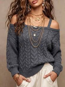 Linhara CURVE Women Fall Winter Casual Cold Shoulder Cable Knit Sweater, Grey Loose Long Sleeve Pullover Cold Shoulder Knit Top - Grey - View 5