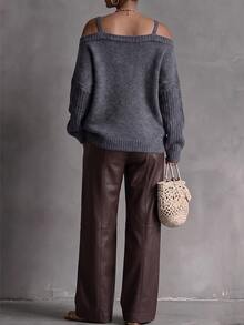 Linhara CURVE Women Fall Winter Casual Cold Shoulder Cable Knit Sweater, Grey Loose Long Sleeve Pullover Cold Shoulder Knit Top - Grey - View 2