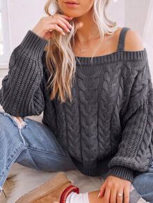Linhara CURVE Women Fall Winter Casual Cold Shoulder Cable Knit Sweater, Grey Loose Long Sleeve Pullover Cold Shoulder Knit Top - Grey - View 6