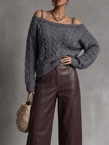 Linhara CURVE Women Fall Winter Casual Cold Shoulder Cable Knit Sweater, Grey Loose Long Sleeve Pullover Cold Shoulder Knit Top - Grey - View 1