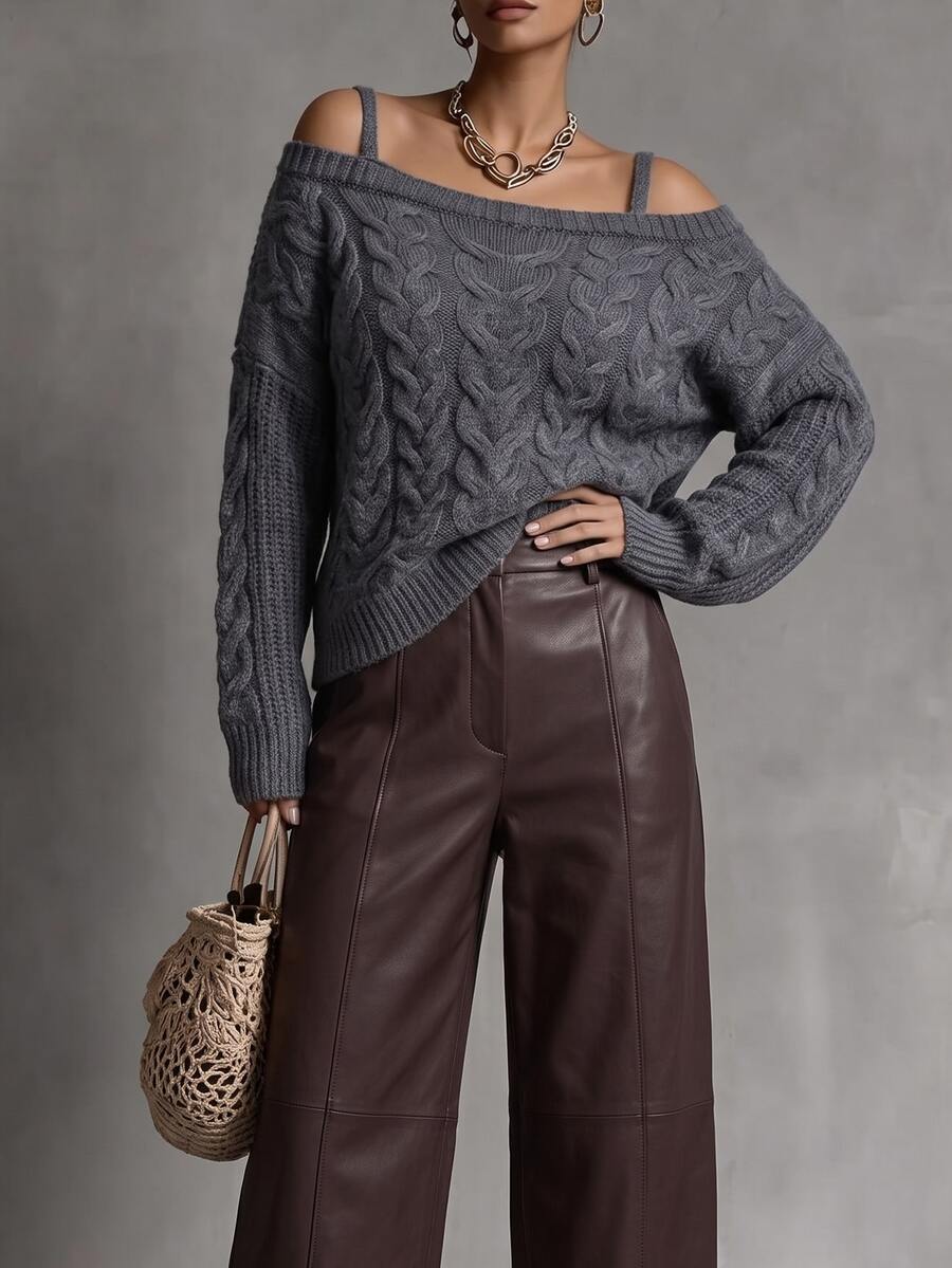 Linhara CURVE Women Fall Winter Casual Cold Shoulder Cable Knit Sweater, Grey Loose Long Sleeve Pullover Cold Shoulder Knit Top - Grey - View 1
