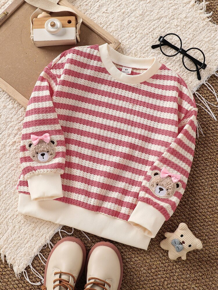 SHEIN Sweatshirt Anak Perempuan Motif Garis-Garis Merah Muda Musim Semi Musim Gugur Baru Lucu Motif Beruang 3D Patchwork Longgar Leher Bulat Lengan Panjang Atasan Musim Dingin - Berwarna merah muda - View 2