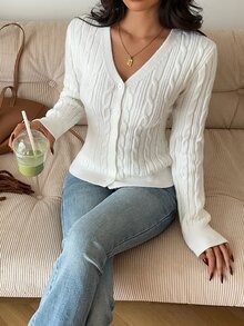 Autumina Women's Versatile Elegant Cable Knit Button Cardigan - White - View 5