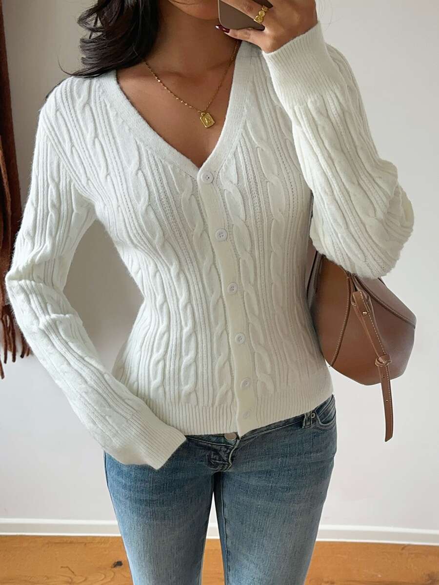 Autumina Women's Versatile Elegant Cable Knit Button Cardigan - White - View 1