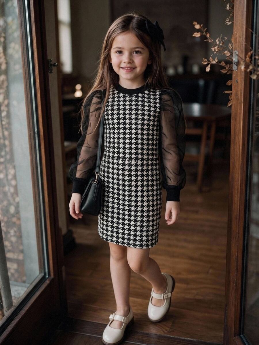 SHEIN Young Girl Knitted Plaid Contrast Mesh Puff Sleeve Casual Dress - Multicolor - View 1