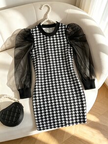 SHEIN 女童針織格紋撞色網紗泡泡袖休閒洋裝 - 彩色 - 查看 6