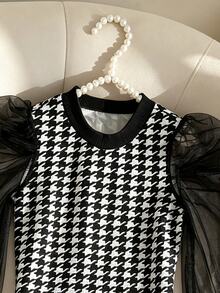 SHEIN 女童針織格紋撞色網紗泡泡袖休閒洋裝 - 彩色 - 查看 8