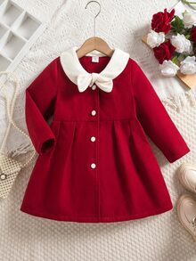 SHEIN 女童小女孩編織拼色翻領休閒秋冬大衣 - 紅色 - 查看 4