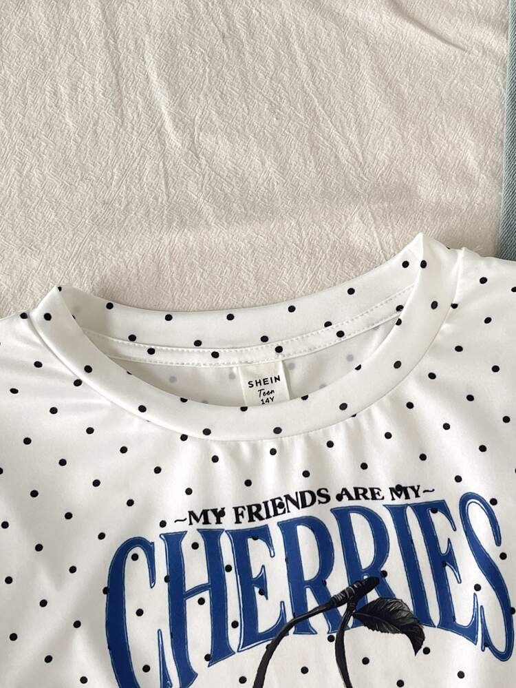 SHEIN Kaos Lengan Panjang Motif Polkadot dan Ceri Lucu untuk Anak Perempuan Remaja, Cocok untuk Musim Gugur, Kembali ke Sekolah - Krem - View 4