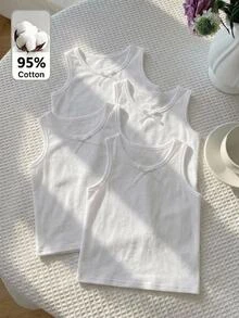 SHEIN Tween女孩針織細肩帶背心上衣，蝴蝶結圓領無袖內搭衫，夏季純色休閒內著上衣，4件組 - 彩色 - 查看 2