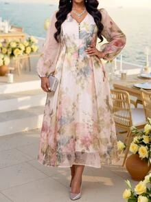 Fleurora Plus Size Elegant Party Floral Print Dress Fall - Multicolor - View 1