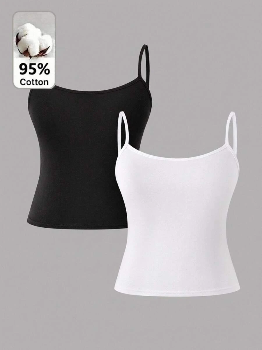 SHEIN Teen Girl Solid Color Spaghetti Strap Camisole Tank Top, Short Slim Fit Innerwear, Black & White 2pcs Set - Multicolor - View 1