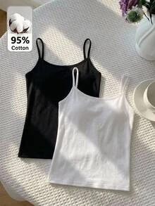SHEIN 青少年女孩純色細肩帶背心內搭上衣，短版修身內著，黑白 2 件組 - 彩色 - 查看 1