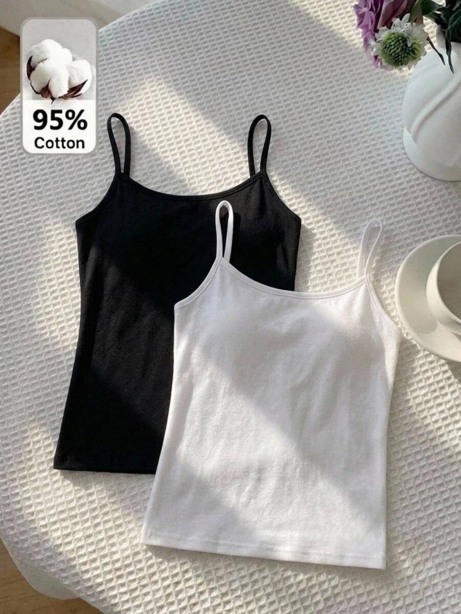 SHEIN 青少年女孩純色細肩帶背心內搭上衣，短版修身內著，黑白 2 件組 - 彩色 - 查看 1