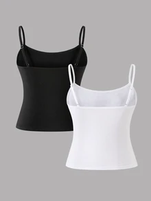 SHEIN 青少年女孩純色細肩帶背心內搭上衣，短版修身內著，黑白 2 件組 - 彩色 - 查看 3