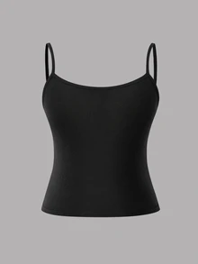 SHEIN 青少年女孩純色細肩帶背心內搭上衣，短版修身內著，黑白 2 件組 - 彩色 - 查看 5