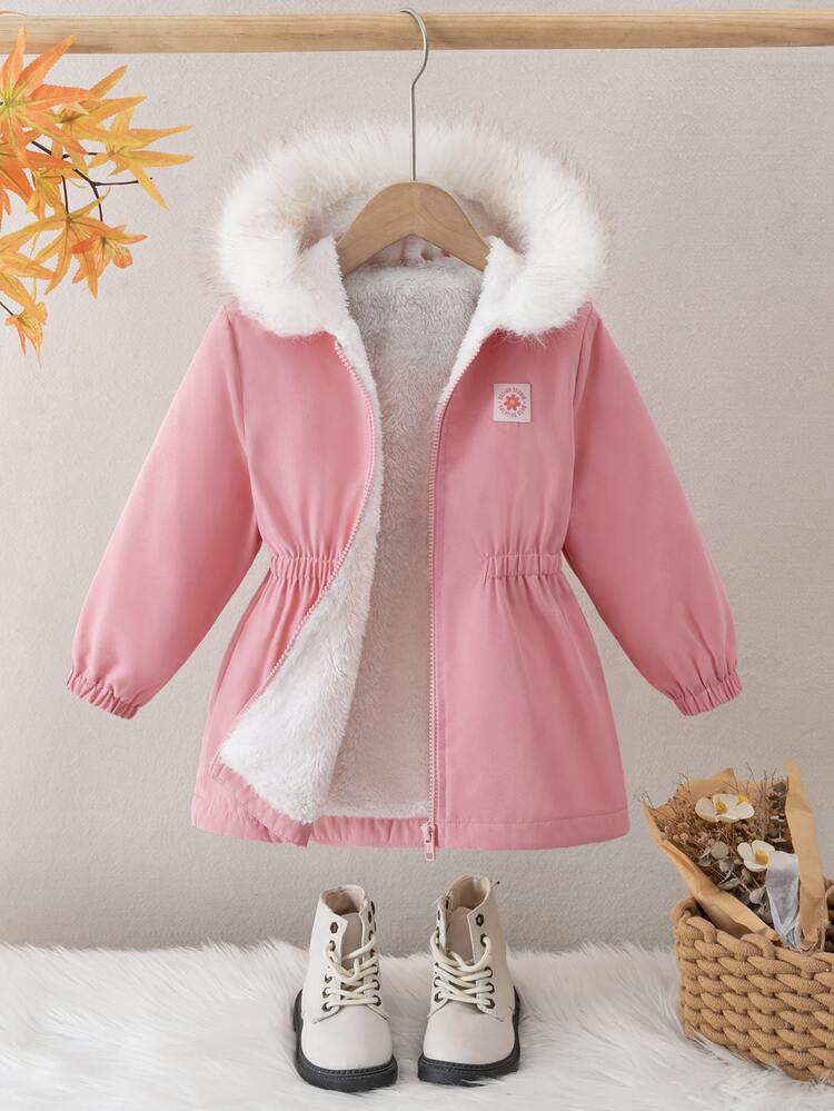 SHEIN Kids Young Girl Woven Solid Color Faux Fur Hooded Casual Winter Jacket - Pink - View 6